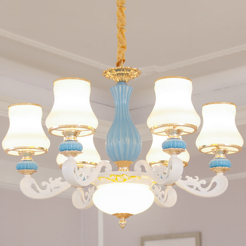 Contemporary Light Blue Pendant Chandelier For Living Room With White Glass Tapered Design