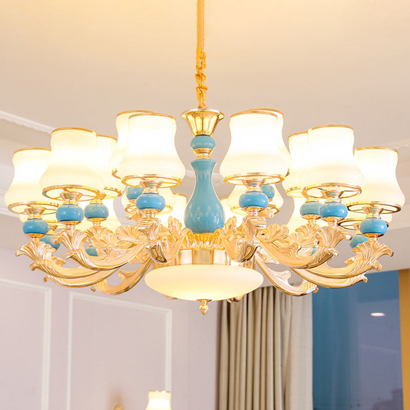 Contemporary Gold Curved Chandelier With Opaline Frosted Glass - Stylish Ceiling Suspension Lamp 18