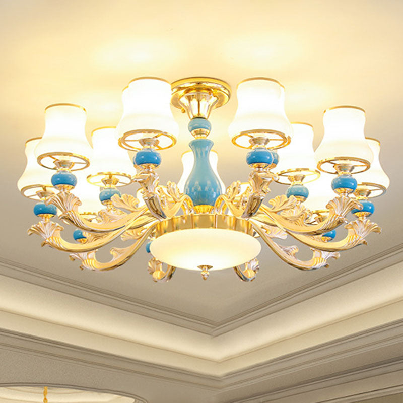 Contemporary Gold Curved Chandelier With Opaline Frosted Glass - Stylish Ceiling Suspension Lamp 15