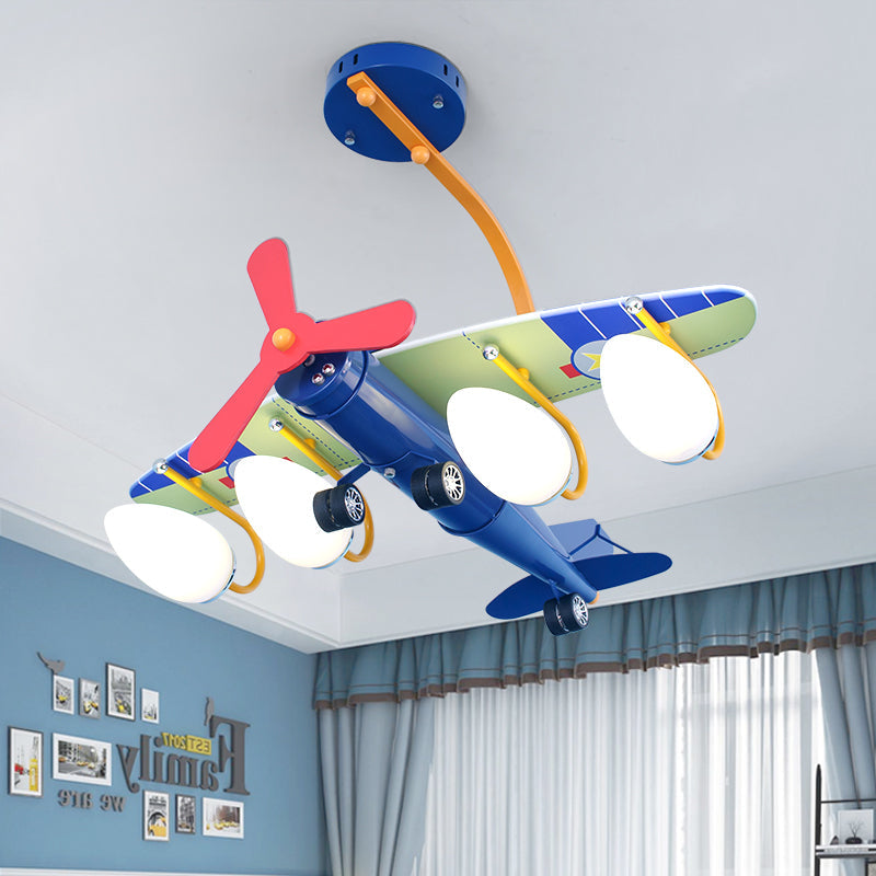 Child Bedroom Cartoon Metal Chandelier - Blue Propeller Plane Design With 4 Bulbs Hanging Lighting /