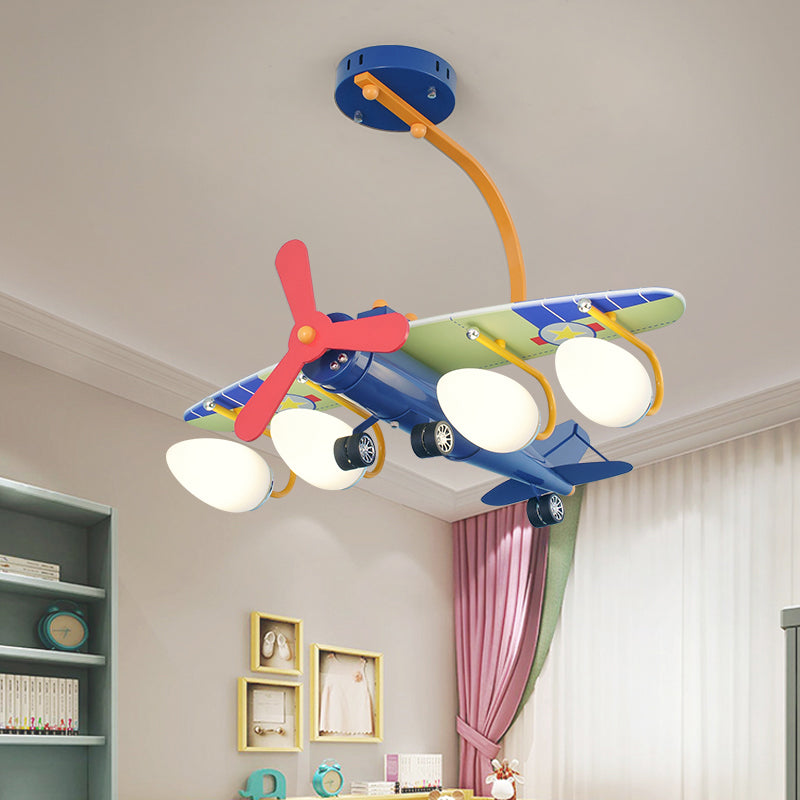 Child Bedroom Cartoon Metal Chandelier - Blue Propeller Plane Design With 4 Bulbs Hanging Lighting