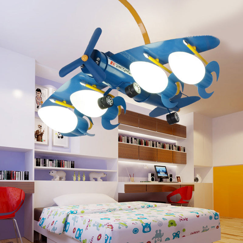 Child Bedroom Cartoon Metal Chandelier - Blue Propeller Plane Design With 4 Bulbs Hanging Lighting