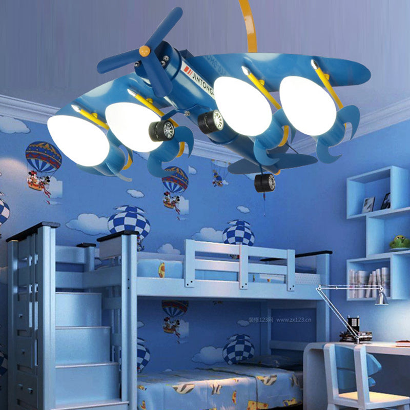 Child Bedroom Cartoon Metal Chandelier - Blue Propeller Plane Design With 4 Bulbs Hanging Lighting