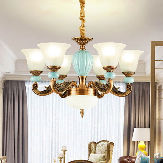 Simple Light Blue Chandelier: Metal Hanging Light Kit with Flared Frosted Glass Shade