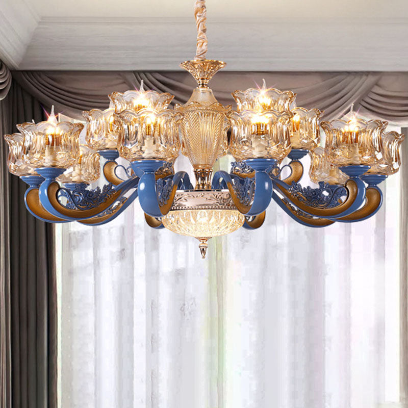 Modern Blue Glass Pendant Chandelier with Curved Ceiling Fixture and Shade