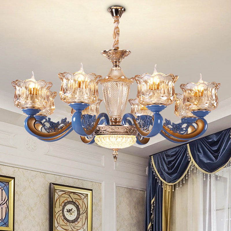 Modern Blue Glass Pendant Chandelier with Curved Ceiling Fixture and Shade