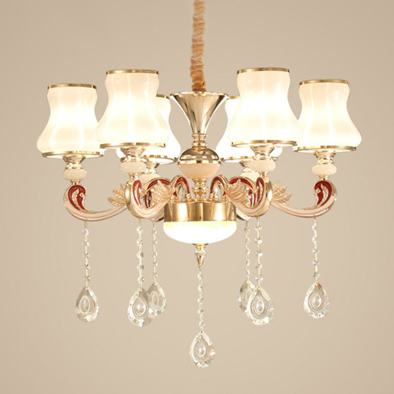 Nordic Metal Hanging Pendant Light with Scrolled Arm and Flared Glass Shade in Gold - Ideal for Living Room