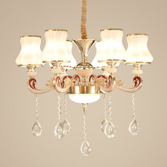 Nordic Metal Hanging Pendant Light with Scrolled Arm and Flared Glass Shade in Gold - Ideal for Living Room