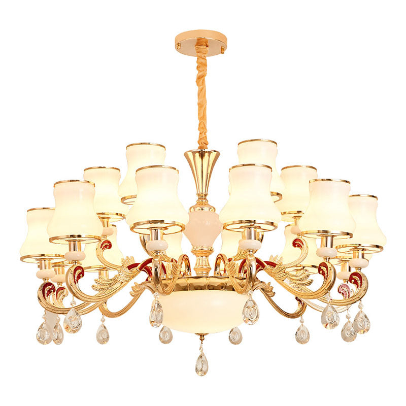 Opal Frosted Glass Gold Chandelier Pendant For Living Room - Simplicity Flared Drop Light