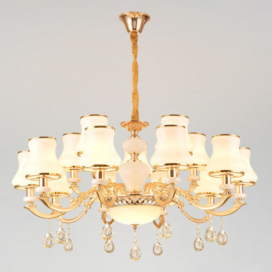 Frosted Glass Curve Chandelier with Crystal Accent in Gold - Minimal Ceiling Lighting