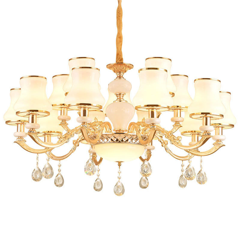 Frosted Glass Curve Chandelier with Crystal Accent in Gold - Minimal Ceiling Lighting