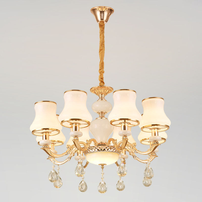 Frosted Glass Curve Chandelier with Crystal Accent in Gold - Minimal Ceiling Lighting