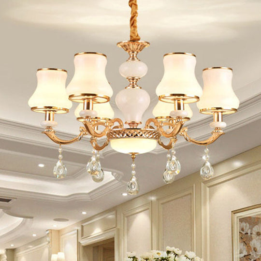 Frosted Glass Curve Chandelier with Crystal Accent in Gold - Minimal Ceiling Lighting