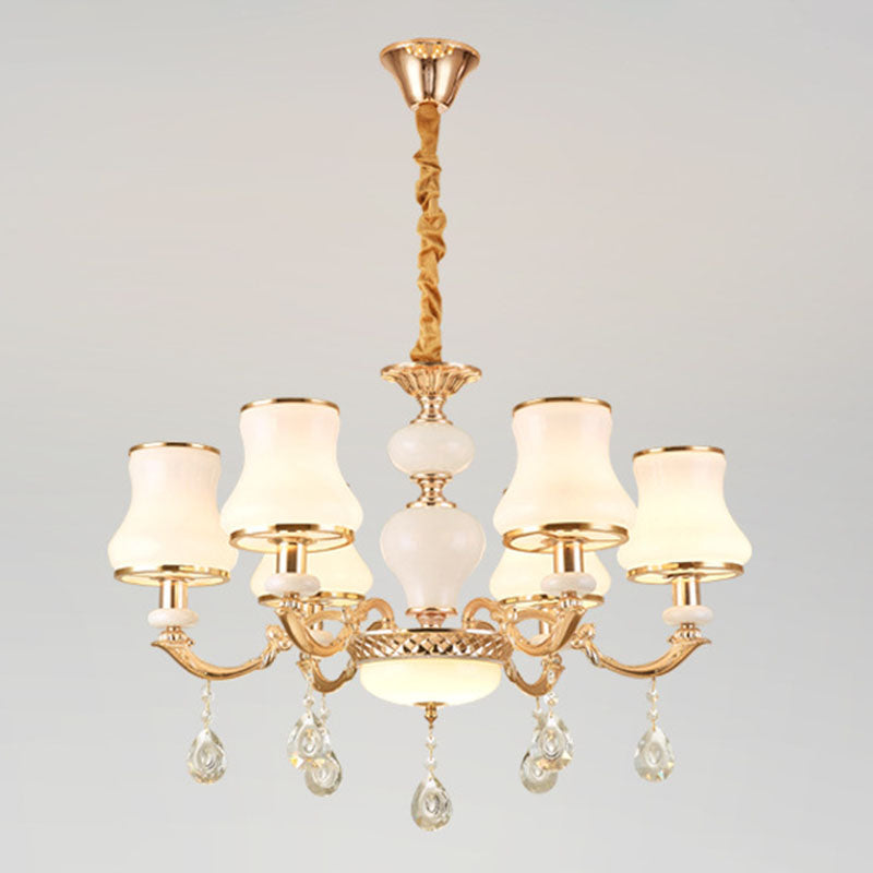 Frosted Glass Curve Chandelier with Crystal Accent in Gold - Minimal Ceiling Lighting