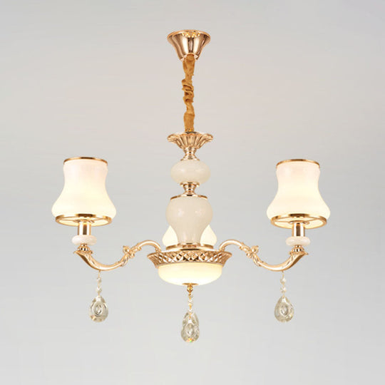 Frosted Glass Curve Chandelier with Crystal Accent in Gold - Minimal Ceiling Lighting