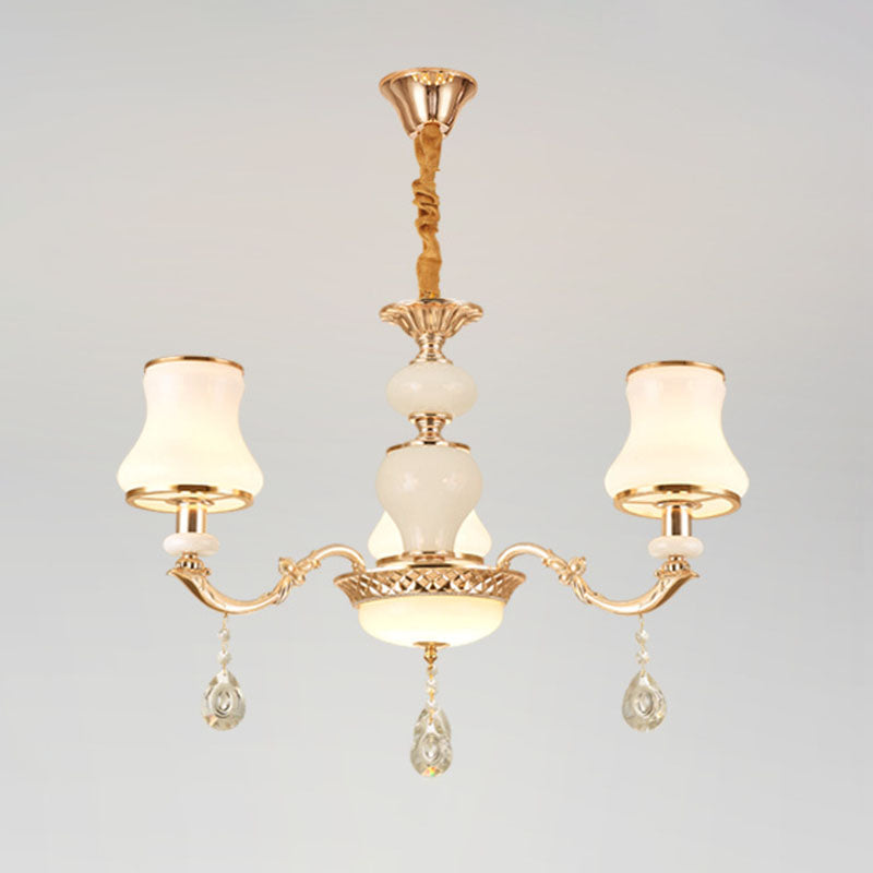 Minimal Hanging Chandelier With Frosted Glass Curve Crystal Accent In Gold 3 /