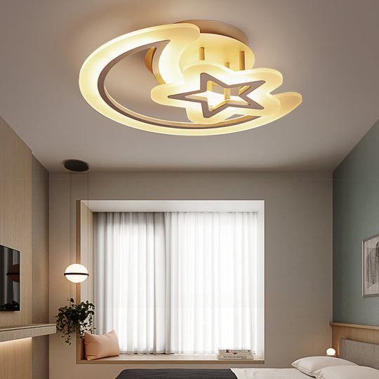 Contemporary Kids Bedroom Ceiling Lamp - Acrylic Moon & Star Ceiling Mount Light in White