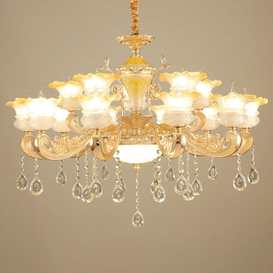 Minimalistic Gold Pendant Chandelier - Petal Frosted Glass, Crystal Droplet - Hanging Light Kit