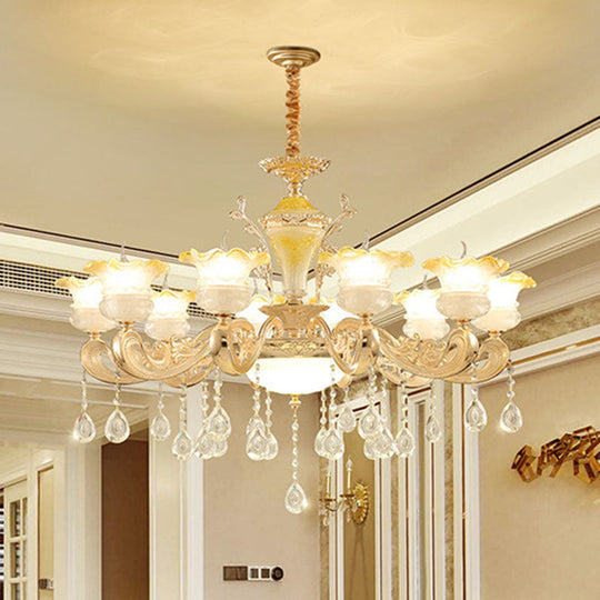 Minimalistic Gold Pendant Chandelier - Petal Frosted Glass, Crystal Droplet - Hanging Light Kit