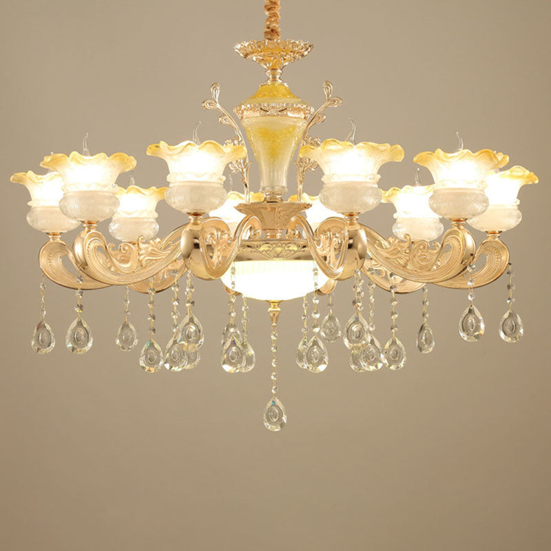 Minimalistic Gold Pendant Chandelier - Petal Frosted Glass, Crystal Droplet - Hanging Light Kit