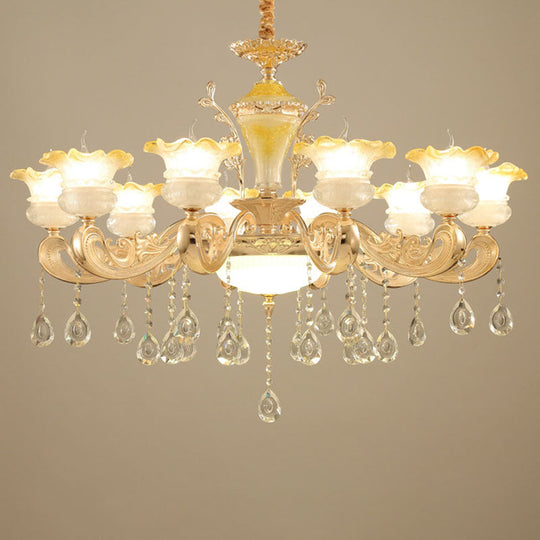 Minimalistic Gold Pendant Chandelier - Petal Frosted Glass, Crystal Droplet - Hanging Light Kit