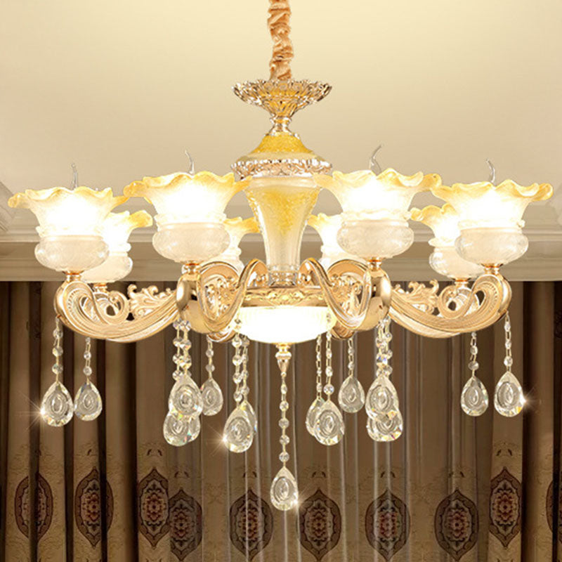 Minimalistic Gold Pendant Chandelier - Petal Frosted Glass, Crystal Droplet - Hanging Light Kit