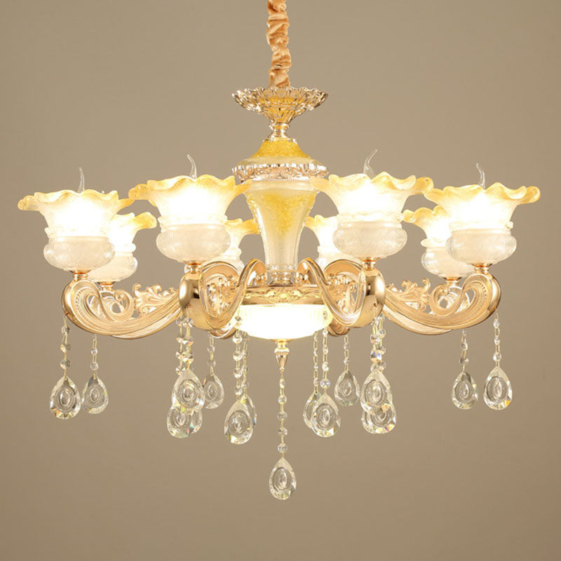 Minimalistic Gold Pendant Chandelier - Petal Frosted Glass, Crystal Droplet - Hanging Light Kit