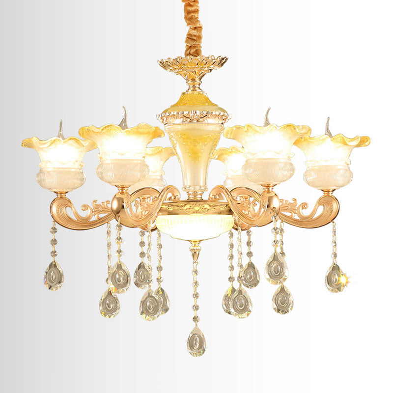 Gold Petal Frosted Glass Pendant Chandelier With Crystal Droplet - Minimalistic Hanging Light Kit