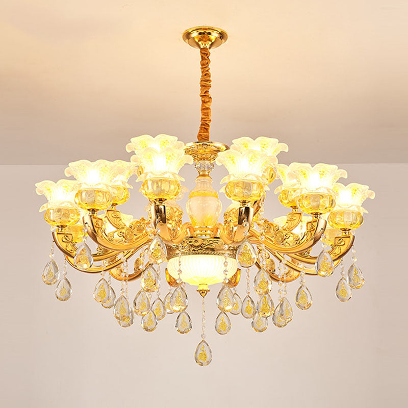 Modern Gold Chandelier with Floral K9 Crystal Drops for Bedroom Lighting