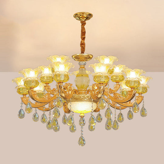 Modern Gold Chandelier with Floral K9 Crystal Drops for Bedroom Lighting