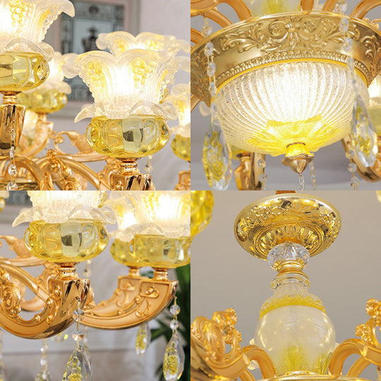 Modern Gold Chandelier with Floral K9 Crystal Drops for Bedroom Lighting