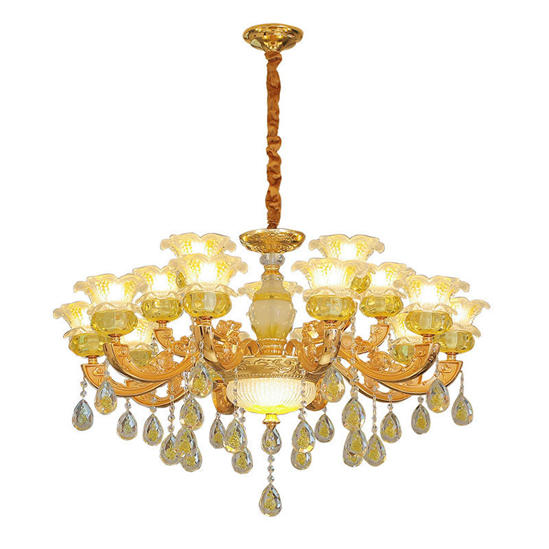 Contemporary Gold Chandelier - Floral K9 Crystal Drop Lamp For Bedroom