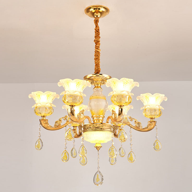 Modern Gold Chandelier with Floral K9 Crystal Drops for Bedroom Lighting