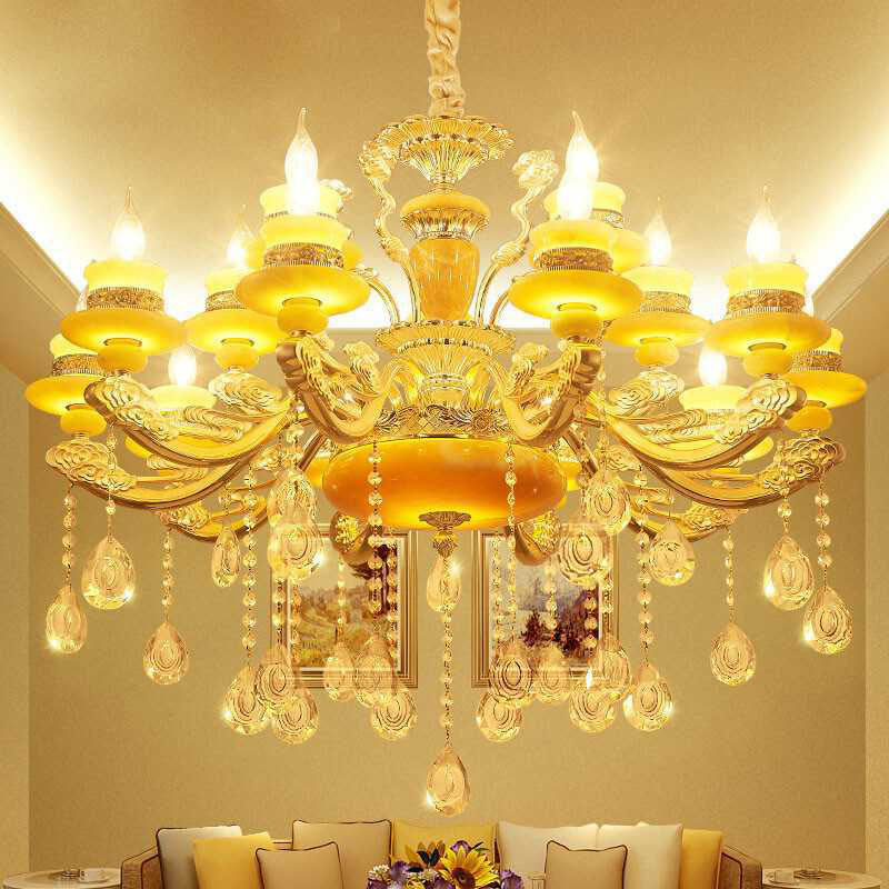 Jade Gold Candelabra Pendant Chandelier - Elegant Hanging Lighting With Crystal Droplet Ideal For