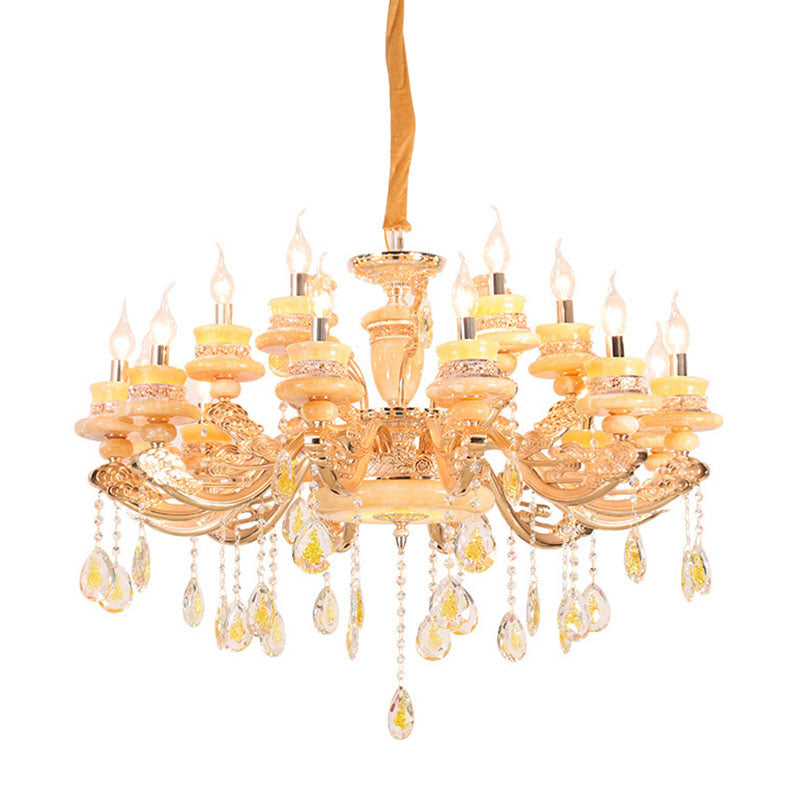 Jade Gold Candelabra Pendant Chandelier - Elegant Hanging Lighting With Crystal Droplet Ideal For