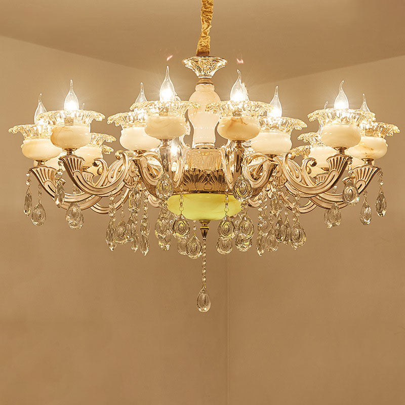 Contemporary Gold Petal Chandelier With Jade Suspension & Crystal Draping 18 /