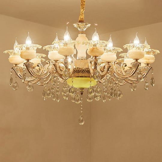 Contemporary Gold Petal Chandelier With Jade Suspension & Crystal Draping 18 /