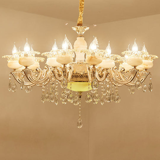 Contemporary Gold Petal Chandelier With Jade Suspension & Crystal Draping