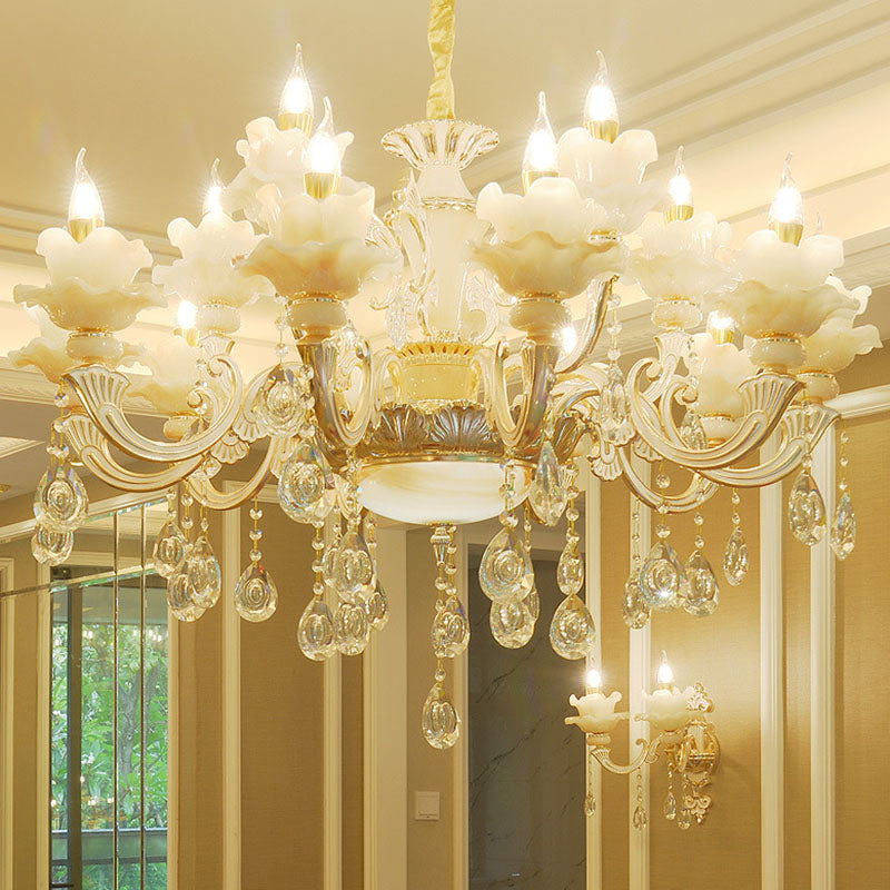 Contemporary Gold Petal Chandelier Lamp with Crystal Draping