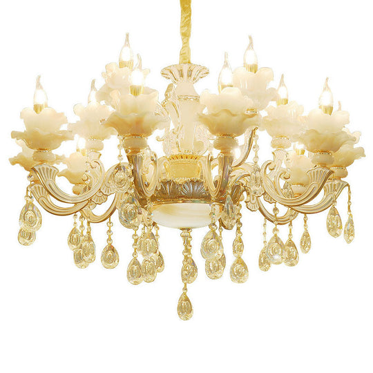 Contemporary Gold Petal Chandelier With Jade Suspension & Crystal Draping