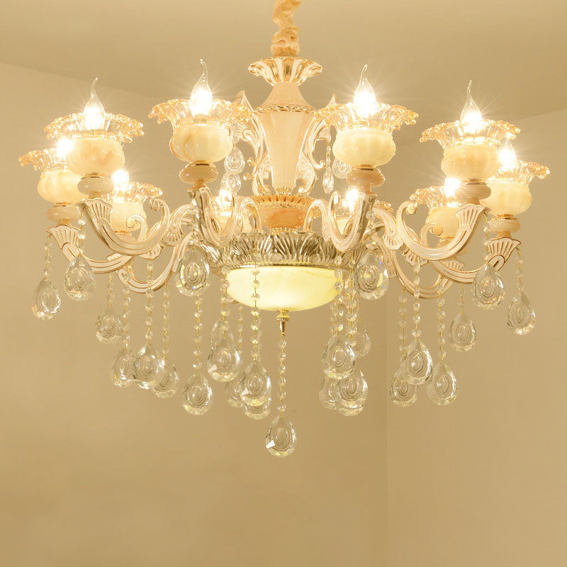 Contemporary Gold Petal Chandelier With Jade Suspension & Crystal Draping 10 /