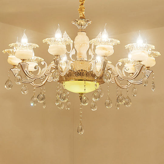 Contemporary Gold Petal Chandelier With Jade Suspension & Crystal Draping