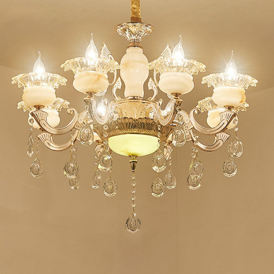 Contemporary Gold Petal Chandelier With Jade Suspension & Crystal Draping 8 /