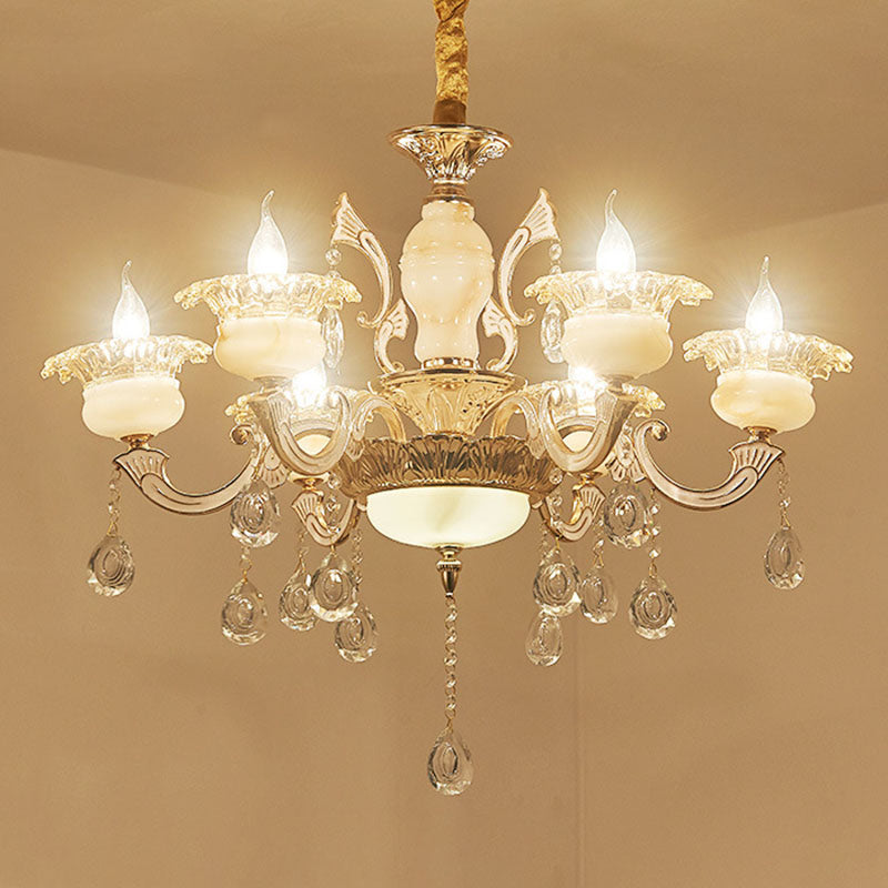 Contemporary Gold Petal Chandelier With Jade Suspension & Crystal Draping 6 /