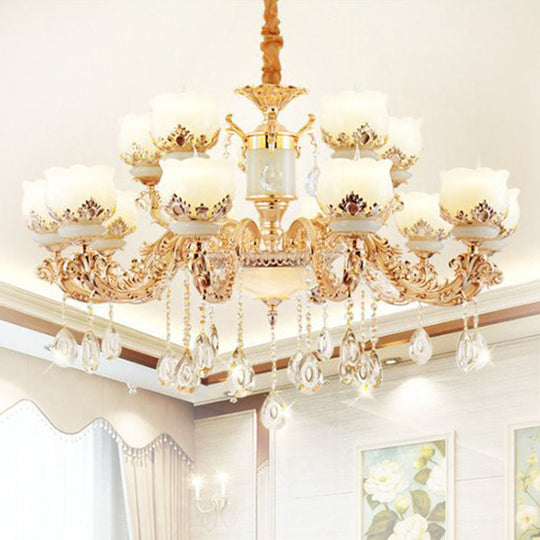 Gold Blossom Crystal Pendant Chandelier with Elegant Jade Shade