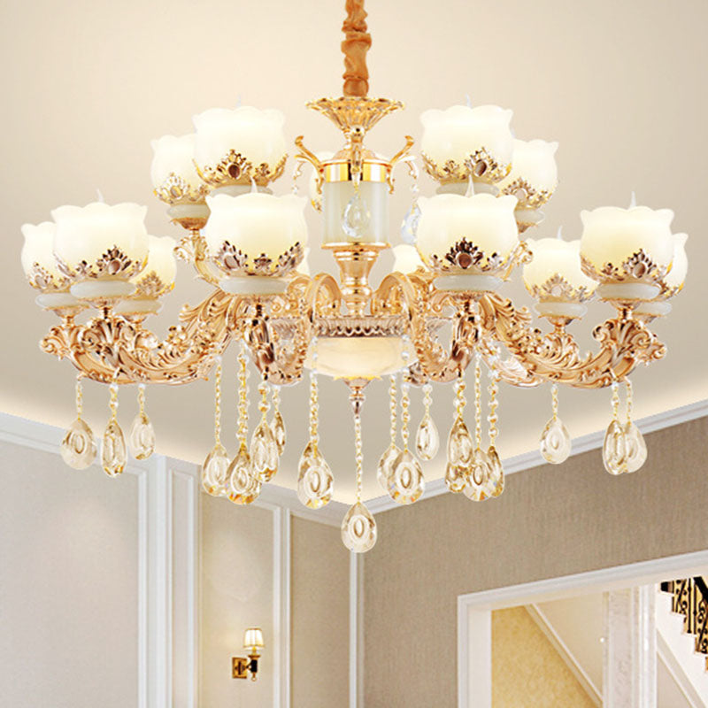 Gold Blossom Crystal Pendant Chandelier with Elegant Jade Shade