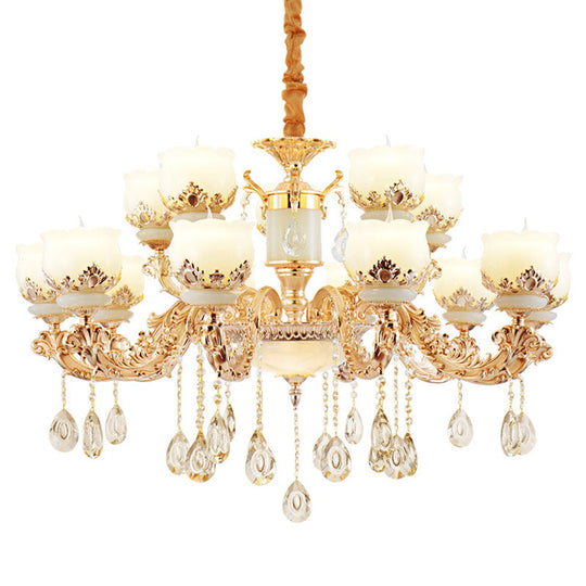 Gold Blossom Crystal Pendant Chandelier with Elegant Jade Shade