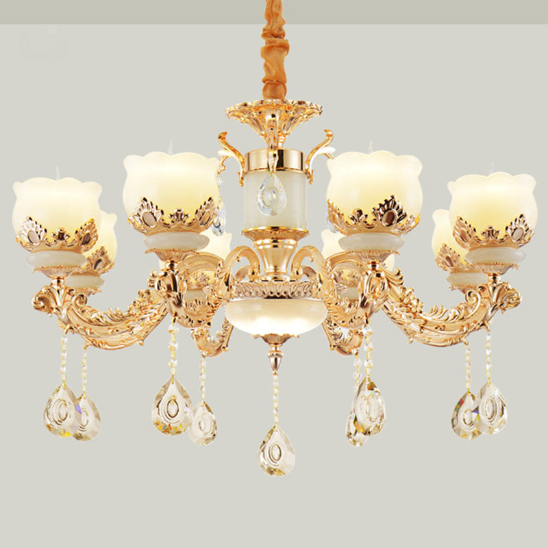 Gold Blossom Crystal Pendant Chandelier with Elegant Jade Shade