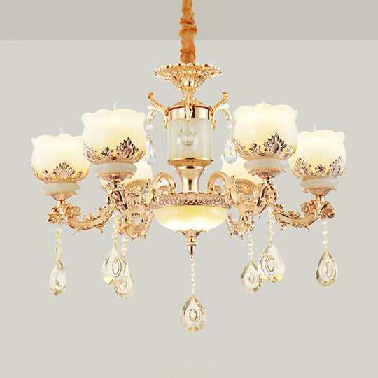 Gold Blossom Crystal Pendant Chandelier with Elegant Jade Shade