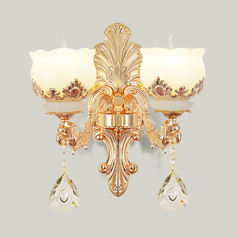 Gold Blossom Crystal Pendant Chandelier with Elegant Jade Shade